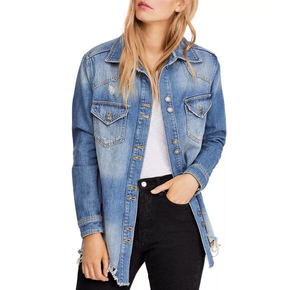 Free People Jackets & Blazers - Free People FP Moonchild Distressed Denim Shirt Jacket Blue Size Small